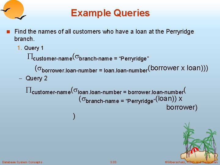 Example Queries n Find the names of all customers who have a loan at