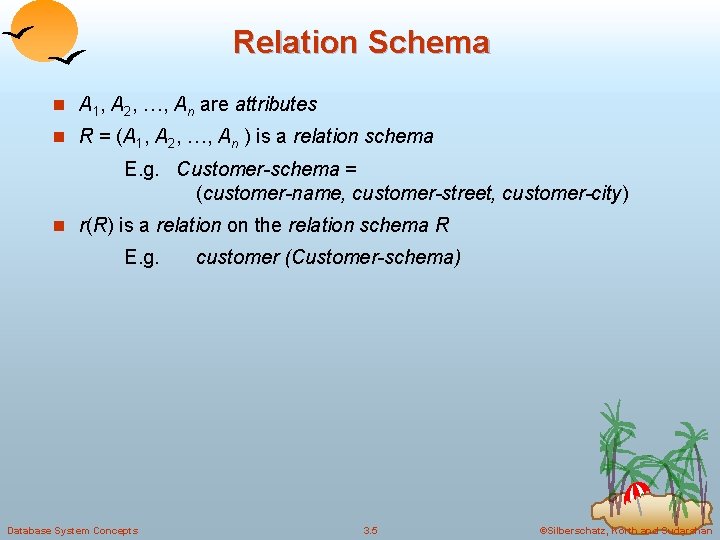Relation Schema n A 1, A 2, …, An are attributes n R =