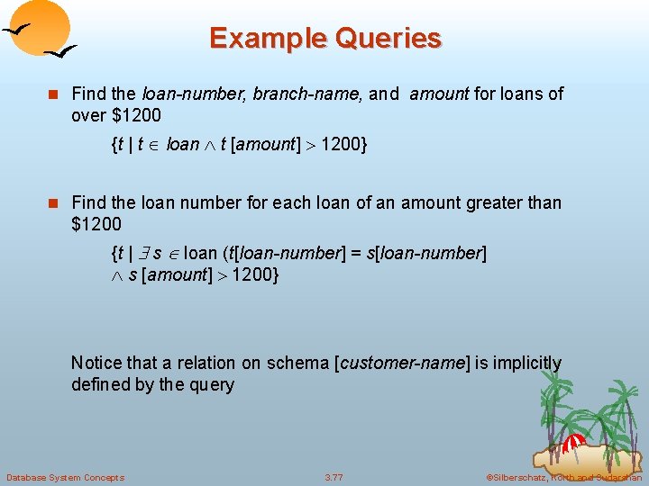 Example Queries n Find the loan-number, branch-name, and amount for loans of over $1200