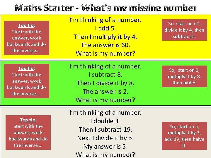 Maths Starter - What’s my missing number Top tip: Start with the answer, work