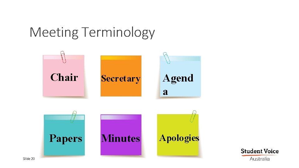 Meeting Terminology Slide 20 Chair Secretary Agend a Papers Minutes Apologies 21 