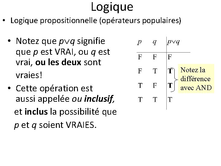 Logique • Logique propositionnelle (opérateurs populaires) • Notez que p q signifie que p