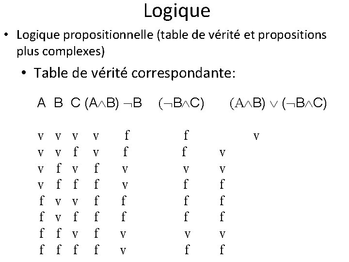 Logique • Logique propositionnelle (table de vérité et propositions plus complexes) • Table de