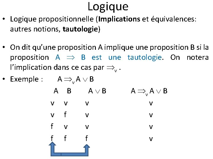 Logique • Logique propositionnelle (Implications et équivalences: autres notions, tautologie) • On dit qu’une