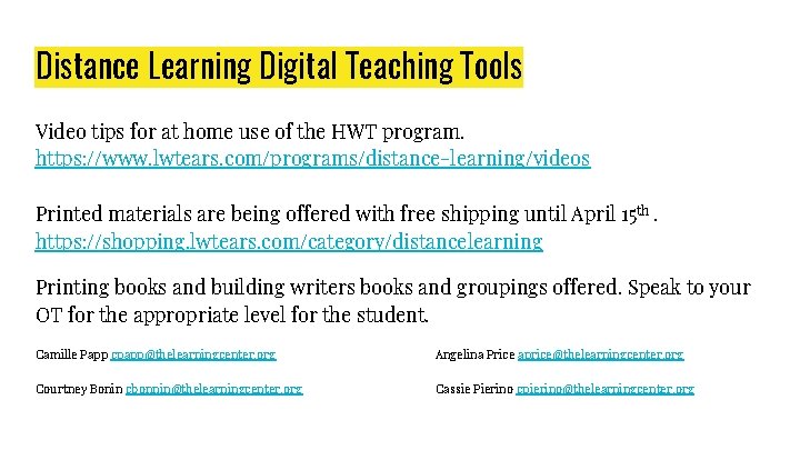 Distance Learning Digital Teaching Tools Video tips for at home use of the HWT