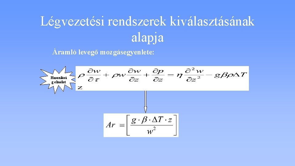 Légvezetési rendszerek kiválasztásának alapja Áramló levegő mozgásegyenlete: Hasonlósá g elmélet 