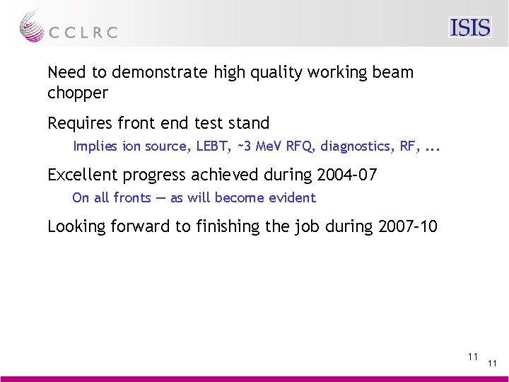 Need to demonstrate high quality working beam chopper Requires front end test stand Implies