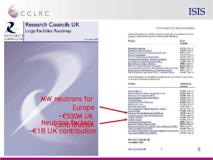 MW neutrons for Europe ~€ 500 M UK Neutrino factory contribution ~€ 1 B