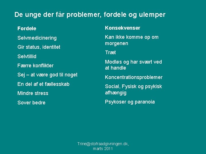 De unge der får problemer, fordele og ulemper Fordele Konsekvenser Selvmedicinering Kan ikke komme