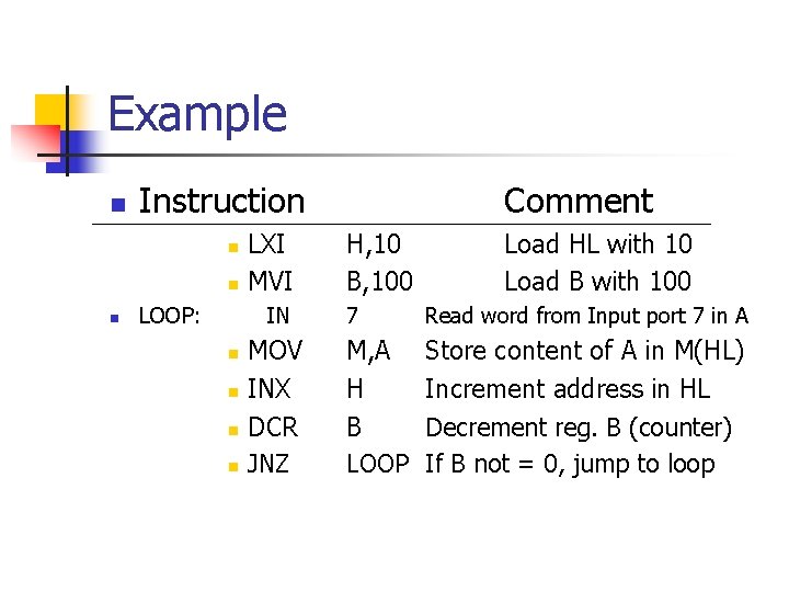 Example n Instruction n LOOP: LXI MVI IN n n MOV INX DCR JNZ