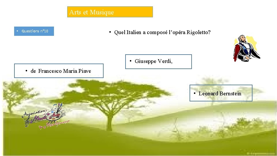 Arts et Musique • Questions n° 10 • Quel Italien a composé l’opéra Rigoletto?