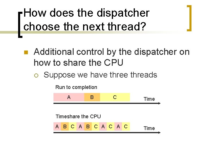 How does the dispatcher choose the next thread? n Additional control by the dispatcher