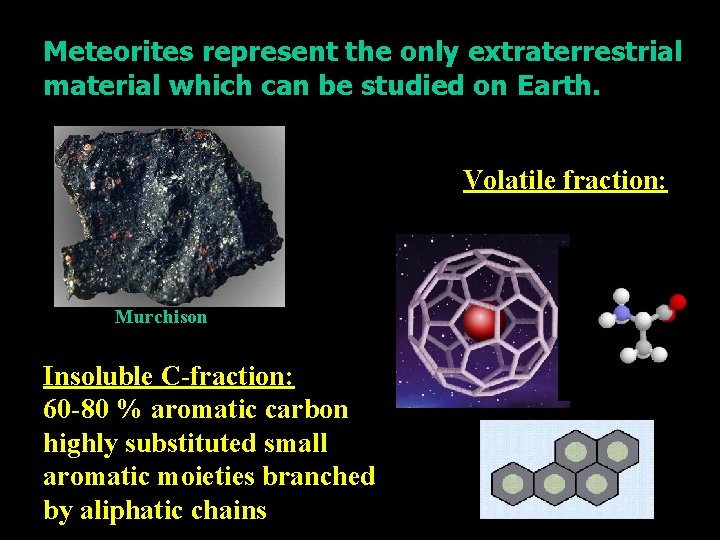 Meteorites represent the only extraterrestrial material which can be studied on Earth. Volatile fraction: