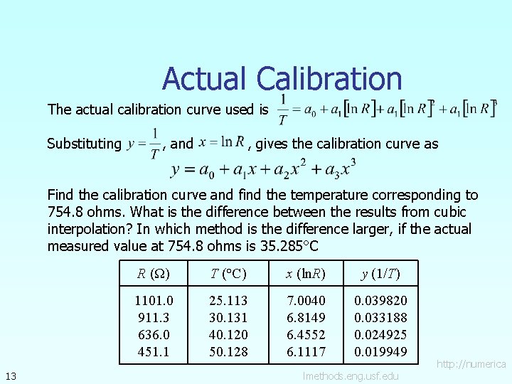 Actual Calibration The actual calibration curve used is Substituting , and , gives the