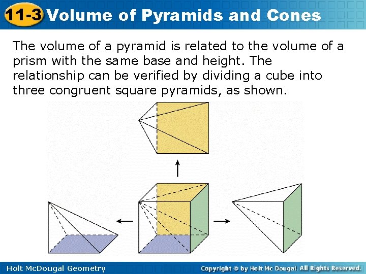 11 -3 Volume of Pyramids and Cones The volume of a pyramid is related