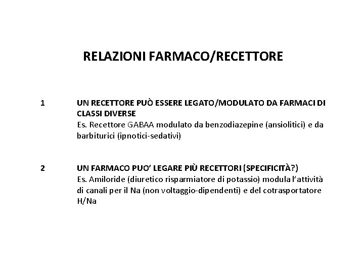 RELAZIONI FARMACO/RECETTORE 1 UN RECETTORE PUÒ ESSERE LEGATO/MODULATO DA FARMACI DI CLASSI DIVERSE Es.