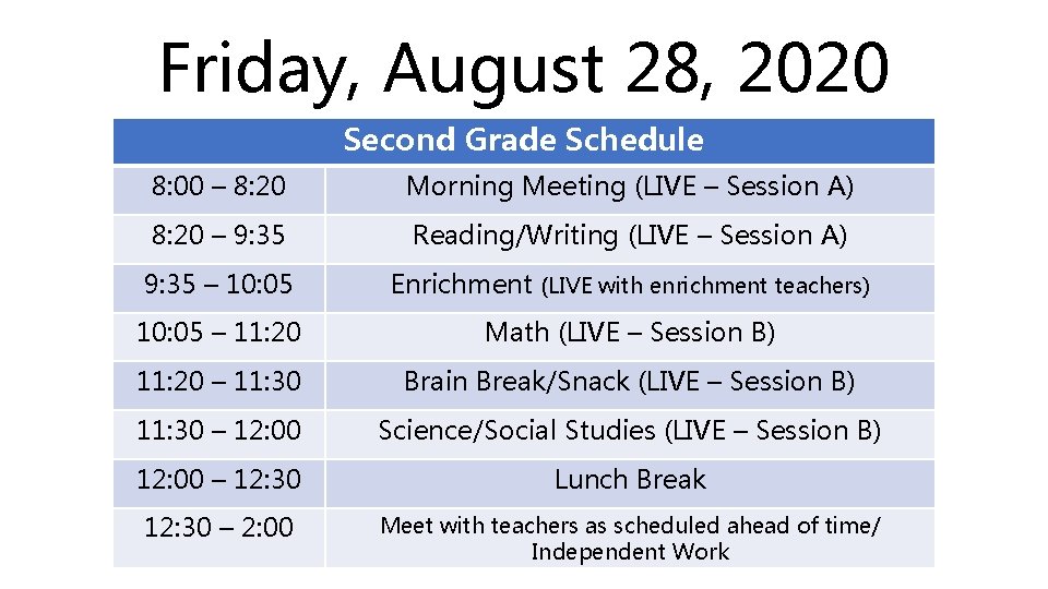 Friday, August 28, 2020 Second Grade Schedule 8: 00 – 8: 20 Morning Meeting