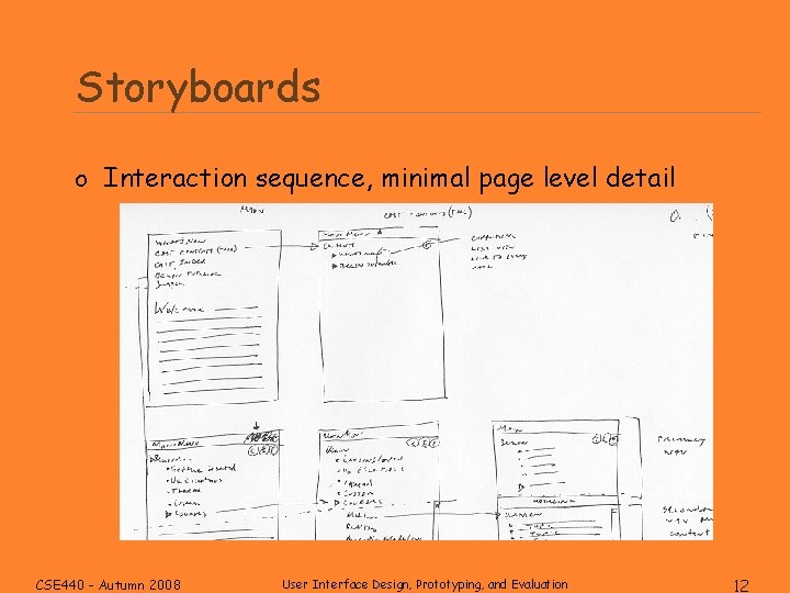 Storyboards o Interaction sequence, minimal page level detail CSE 440 - Autumn 2008 User