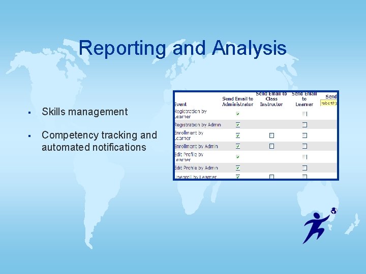 Reporting and Analysis § Skills management § Competency tracking and automated notifications Reporting and Analysis § Skills management § Competency tracking and automated notifications