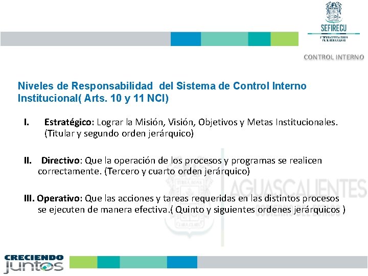 CONTROL INTERNO Niveles de Responsabilidad del Sistema de Control Interno Institucional( Arts. 10 y