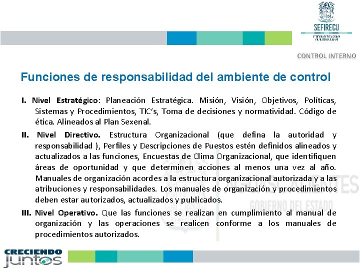 CONTROL INTERNO Funciones de responsabilidad del ambiente de control I. Nivel Estratégico: Planeación Estratégica.