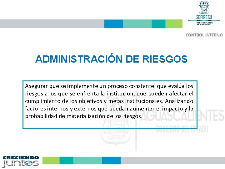 CONTROL INTERNO ADMINISTRACIÓN DE RIESGOS Asegurar que se implemente un proceso constante que evalúa