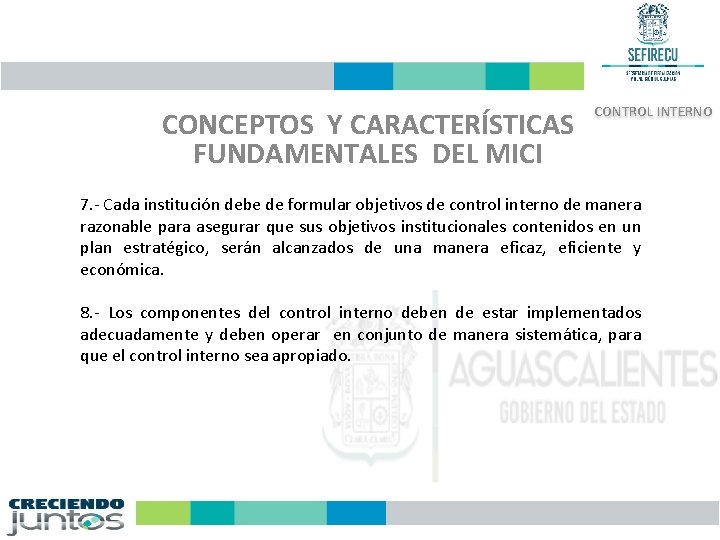 CONCEPTOS Y CARACTERÍSTICAS FUNDAMENTALES DEL MICI CONTROL INTERNO 7. - Cada institución debe de