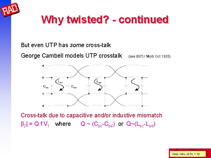 Why twisted? - continued But even UTP has some cross-talk George Cambell models UTP