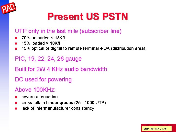 Present US PSTN UTP only in the last mile (subscriber line) n n n