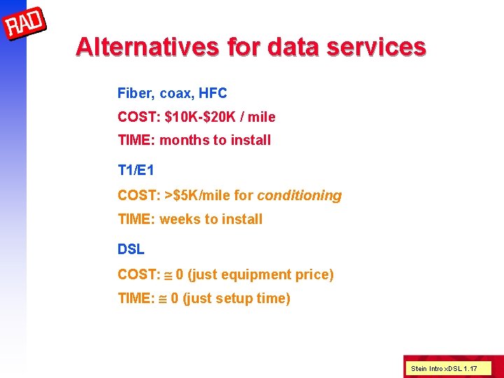 Alternatives for data services Fiber, coax, HFC COST: $10 K-$20 K / mile TIME: