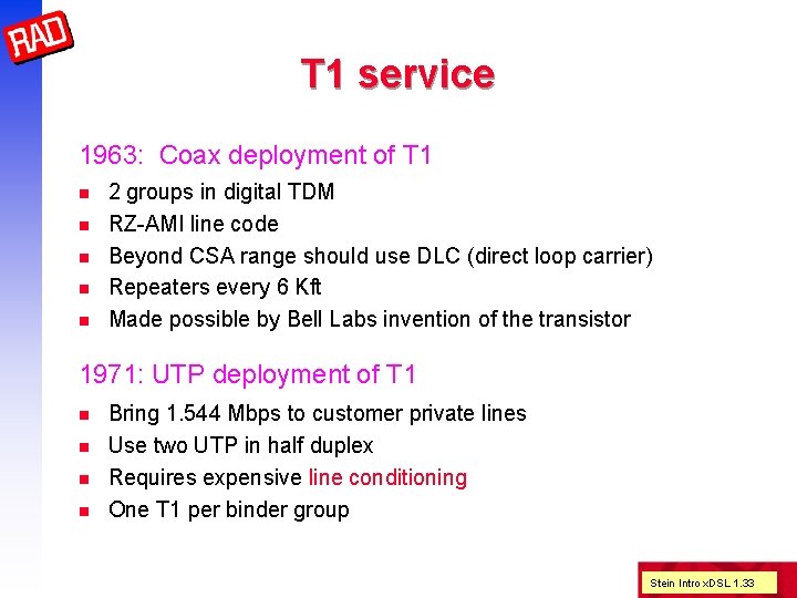 T 1 service 1963: Coax deployment of T 1 n n n 2 groups