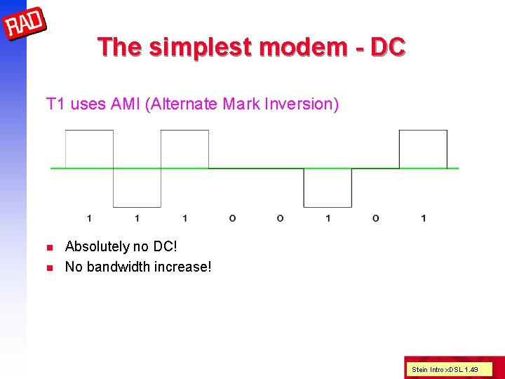 The simplest modem - DC T 1 uses AMI (Alternate Mark Inversion) n n