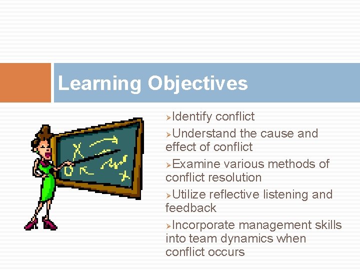 Learning Objectives Identify conflict ØUnderstand the cause and effect of conflict ØExamine various methods