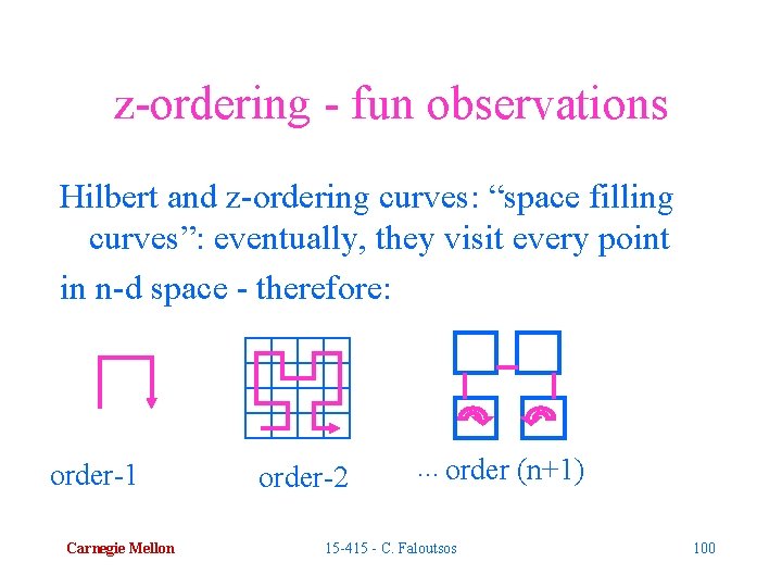z-ordering - fun observations Hilbert and z-ordering curves: “space filling curves”: eventually, they visit
