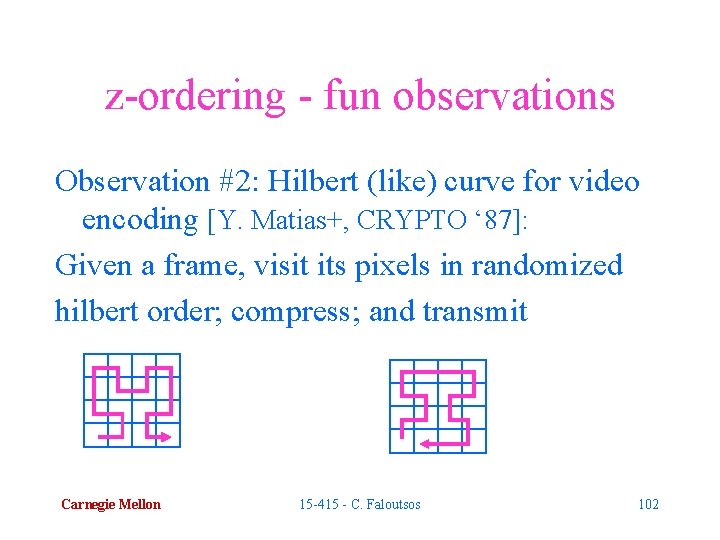 z-ordering - fun observations Observation #2: Hilbert (like) curve for video encoding [Y. Matias+,