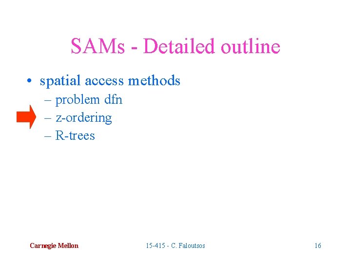 SAMs - Detailed outline • spatial access methods – problem dfn – z-ordering –