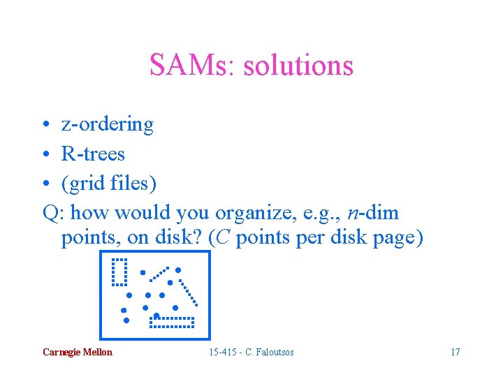 SAMs: solutions • z-ordering • R-trees • (grid files) Q: how would you organize,