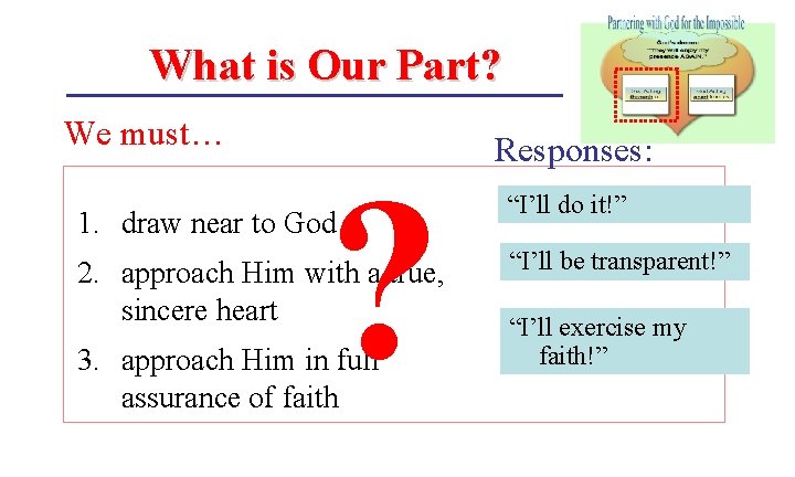 What is Our Part? We must… ? 1. draw near to God 2. approach