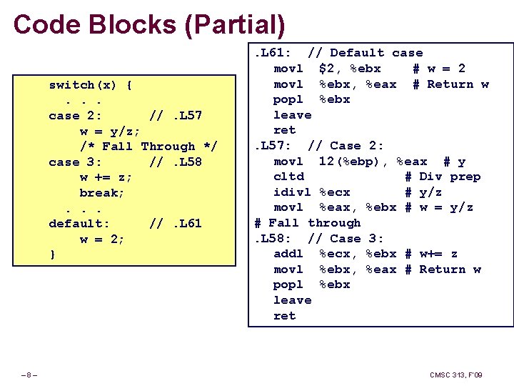 Code Blocks (Partial) switch(x) {. . . case 2: //. L 57 w =