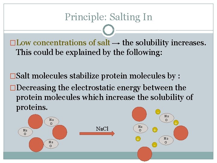 Principle: Salting In �Low concentrations of salt the solubility increases. This could be explained