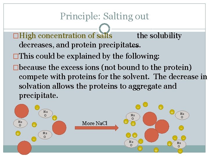 Principle: Salting out �High concentration of salts the solubility decreases, and protein precipitates. �This