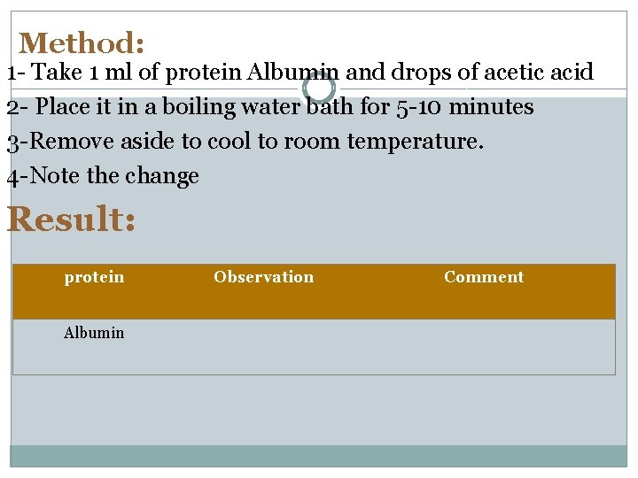 Method: 1 - Take 1 ml of protein Albumin and drops of acetic acid