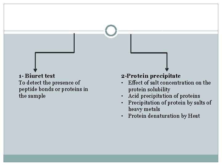 1 - Biuret test To detect the presence of peptide bonds or proteins in