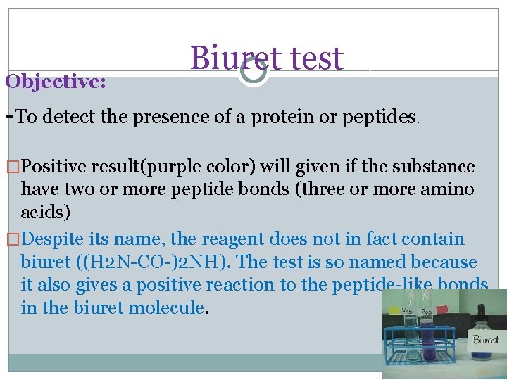 Objective: Biuret test -To detect the presence of a protein or peptides. �Positive result(purple