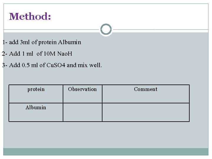 Method: 1 - add 3 ml of protein Albumin 2 - Add 1 ml