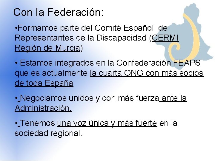 Con la Federación: • Formamos parte del Comité Español de Representantes de la Discapacidad