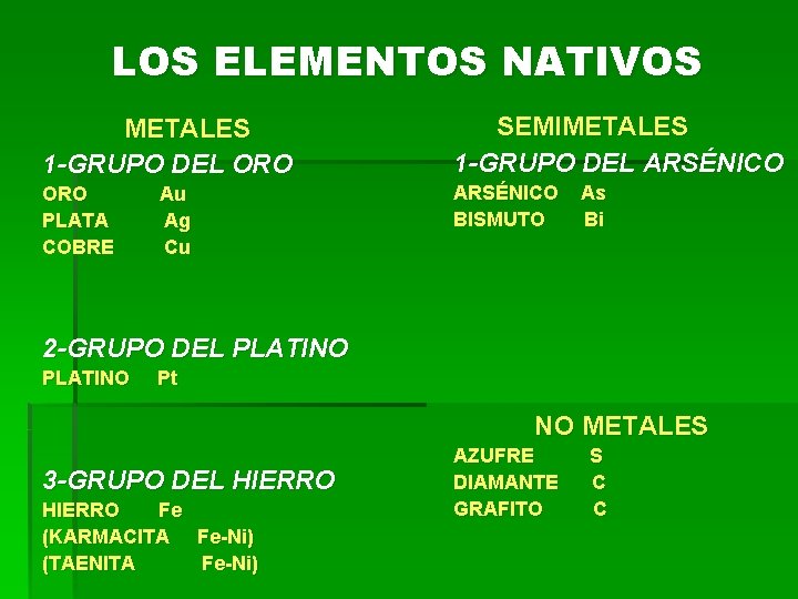 LOS ELEMENTOS NATIVOS METALES 1 -GRUPO DEL ORO SEMIMETALES 1 -GRUPO DEL ARSÉNICO ORO