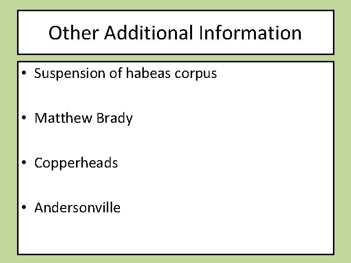Other Additional Information • Suspension of habeas corpus • Matthew Brady • Copperheads •