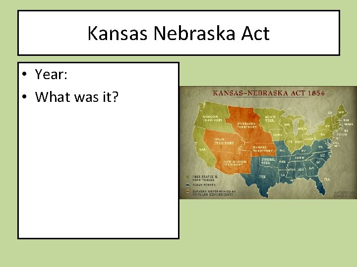Kansas Nebraska Act • Year: • What was it? 