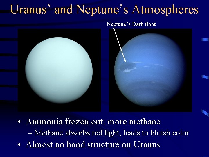 Uranus’ and Neptune’s Atmospheres Neptune’s Dark Spot • Ammonia frozen out; more methane –